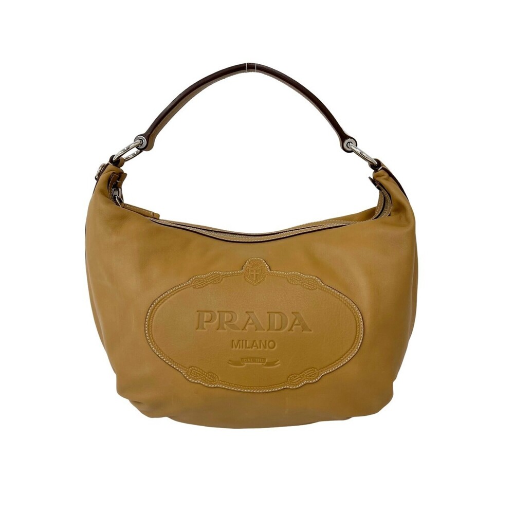 PRADA logo-embossed leather semi-one shoulder bag/tote bag/handbag in beige (...